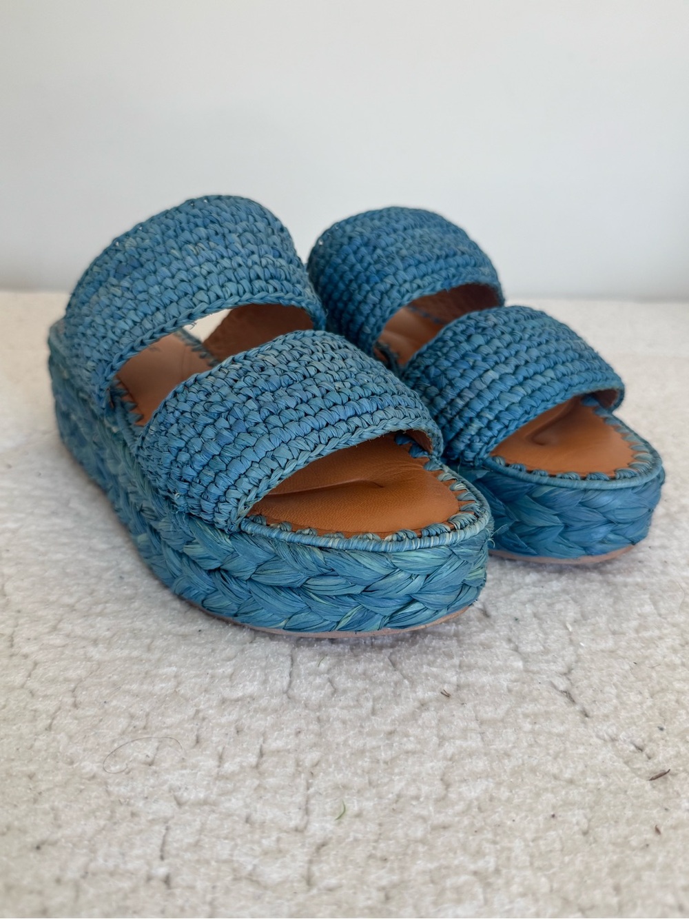 Clergerie Arlene Blue Raffia Platform Sandals Size 37 w/ Box & Dust Bag